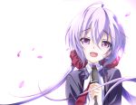  1girl ahoge hair_ornament hair_scrunchie hands_together long_hair looking_at_viewer low_twintails microphone music open_mouth petals purple_hair scrunchie senki_zesshou_symphogear senomoto_hisashi singing smile tears twintails violet_eyes white_background yukine_chris 