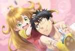 1boy 1girl ahoge amaama_to_inazuma black-framed_eyewear black_hair blonde_hair blush boots carrying closed_mouth collarbone collared_shirt dutch_angle eyebrows eyebrows_visible_through_hair father_and_daughter glasses green_eyes hair_between_eyes hands_in_hair hands_on_another&#039;s_head inuzuka_kouhei inuzuka_tsumugi leg_grab long_hair looking_up over-rim_glasses pink_background rubber_boots semi-rimless_glasses shirt short_hair shoulder_carry smile tokumaro very_long_hair white_shirt wing_collar yellow_shirt 