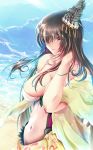  1girl alternate_costume beach bikini black_hair breasts collarbone from_above fusou_(kantai_collection) hair_ornament hair_over_one_eye harapeko1129 highres kantai_collection large_breasts long_hair navel ocean red_eyes shiny shiny_clothes shiny_hair shiny_skin solo swimsuit water waves wet 