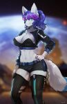  1girl animal_ears artist_name belt belt_buckle blue_eyes blurry blurry_background buckle commission eyebrows_visible_through_hair fang feet_out_of_frame fur furry furry_female hair_between_eyes hand_on_hip highres looking_at_viewer midriff navel original pgm300 ponytail purple_hair shorts solo standing strapless tail thigh-highs tube_top watermark wolf_ears wolf_girl wolf_tail 