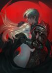  1boy 1girl armor back blonde_hair clothed_male_nude_female commentary cradling_head eunyoung_jeon fantasy full_armor gauntlets hug lips long_hair naked_cape nose nude original pale_skin plate_armor 