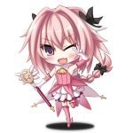  &gt;;d 1boy ;d akatuti boots bow braid chibi cosplay dress fang fate/apocrypha fate/kaleid_liner_prisma_illya fate_(series) gloves hair_bow magical_girl male_focus one_eye_closed open_mouth otoko_no_ko pink_hair prisma_illya prisma_illya_(cosplay) rider_of_black single_braid smile standing standing_on_one_leg v v_over_eye violet_eyes wand white_gloves 
