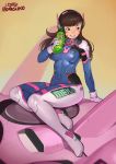  1girl bangs bodysuit brown_hair bunny_print d.va_(overwatch) facial_mark headphones high_collar highres long_hair meka_(overwatch) mountain_dew norasuko overwatch pilot_suit ribbed_bodysuit shoulder_pads sitting smile swept_bangs whisker_markings 