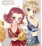  2girls alternate_costume bangs blonde_hair blue_eyes blush braid breasts brown_eyes cheerleader cover cover_page crop_top crop_top_overhang darjeeling doujin_cover forehead girls_und_panzer hamoto holding light_smile looking_at_viewer medium_breasts midriff miniskirt multiple_girls navel open_mouth parted_bangs pleated_skirt pom_poms redhead rosehip short_hair skirt sleeveless smile standing tied_hair twin_braids upper_body 