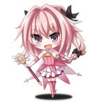  &gt;:d 1boy :d akatuti boots bow braid chibi cosplay dress fang fate/apocrypha fate/kaleid_liner_prisma_illya fate_(series) gloves hair_bow magical_girl male_focus open_mouth otoko_no_ko pink_hair prisma_illya prisma_illya_(cosplay) rider_of_black single_braid smile violet_eyes wand white_gloves 