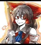  1girl al_bhed_eyes ascot black_hair blush_stickers bow detached_sleeves hair_between_eyes hair_bow hair_tubes hakurei_reimu letterboxed line_shading looking_at_viewer outline red_bow red_eyes sidelocks smile solo suenari_(peace) touhou upper_body white_skin 