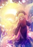  1girl blonde_hair chinese_clothes crescent dress fox_tail half-closed_eyes junko_(touhou) long_hair long_sleeves makuwauri multiple_tails red_eyes smile solo tabard tail touhou 