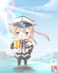  1girl alcohol beer beer_mug black_gloves blonde_hair capelet celtic_knot chibi cross gloves graf_zeppelin_(kantai_collection) grey_eyes hair_between_eyes hat iron_cross jacket kantai_collection long_hair military military_hat military_uniform miniskirt mountain necktie ocean open_mouth pantyhose peaked_cap sidelocks skirt solo sun sunlight taisa_(kari) twintails uniform 