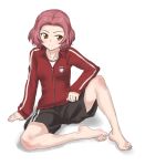  barefoot blush feet girls_und_panzer highres jacket pink_hair rosehip shorts sitting smile souji_kurokawa toes track_jacket track_suit 