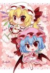  2girls alternate_costume ascot bangs bat bat_wings blonde_hair blue_hair blush character_name chibi commentary_request cup dress drinking_glass enmaided eyebrows eyebrows_visible_through_hair fang flandre_scarlet frilled_dress frills full_body hair_between_eyes hat holding holding_tray looking_at_viewer maid mob_cap mop multiple_girls noai_nioshi open_mouth puffy_sleeves red_eyes red_shoes remilia_scarlet shoes smile socks standing standing_on_one_leg star touhou tray white_legwear wine_glass wings 