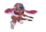  1girl bangs bike_shorts black_shorts blunt_bangs domino_mask dress_shirt dual_squelcher_(splatoon) full_body gas_mask holding holding_weapon inkling lip_(lih8) long_hair long_sleeves looking_at_viewer mask necktie pink_hair pointy_ears shirt shoes shorts simple_background single_vertical_stripe sneakers solo splatoon standing tentacle_hair weapon white_background white_shirt white_shoes yellow_eyes 