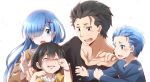  2boys 2girls black_hair blue_eyes blue_hair crying family father_and_daughter father_and_son hair_ornament hair_over_one_eye highres husband_and_wife if_they_mated long_hair mother_and_daughter mother_and_son multiple_boys multiple_girls natsuki_rigel natsuki_spica natsuki_subaru re:zero_kara_hajimeru_isekai_seikatsu rem_(re:zero) short_hair sollyz tears what_if x_hair_ornament 
