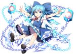  1girl blue_dress blue_eyes blue_hair cirno danmaku dress full_body hair_ornament hair_ribbon highres ice ice_wings looking_at_viewer nogisaka_kushio open_mouth outstretched_arms puffy_sleeves ribbon shoes short_hair short_sleeves socks solo touhou transparent_background white_legwear wings 