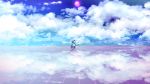  2girls black_shoes clouds cloudy_sky commentary_request doremy_sweet dress hat highres horizon kishin_sagume moon multiple_girls nightcap pesogiso pink_moon pom_pom_(clothes) purple_dress red_hat reflection reflective_floor scenery shoes sky tail touhou walking white_shoes white_wings wings 