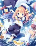  1girl :d aikei_ake arms_up ball belt blonde_hair blue_eyes blush bow cat child fish hair_bow hat highres lighthouse long_hair octopus open_mouth orca original puffy_sleeves sailor_collar shorts sky smile solo splashing squid star water 