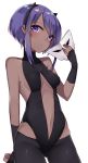  1girl assassin_(fate/prototype_fragments) bare_shoulders black_gloves black_legwear blush breasts cleavage dark_skin fate/grand_order fate/prototype fate/prototype:_fragments_of_blue_and_silver fate_(series) fingerless_gloves gloves highres looking_at_viewer mask mask_removed purple_hair sakofu short_hair simple_background solo violet_eyes 