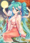  1girl aqua_eyes aqua_hair autumn_leaves blush breasts chuushuu_meigetsu_miku closed_mouth fan floral_print flower from_side full_moon glowing_butterfly goushou grass hair_flower hair_ornament hakama hatsune_miku holding_fan japanese_clothes kimono long_hair long_sleeves looking_at_viewer looking_to_the_side medium_breasts moon night night_sky paper_fan partially_submerged river rock sitting sky smile solo tree twintails uchiwa very_long_hair vocaloid wide_sleeves 
