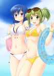  2girls back bikini blue_eyes blue_hair green_eyes green_hair hidamari_sketch highres innertube long_hair mami_(hidamari_sketch) multiple_girls nakayama_(hidamari_sketch) navel short_hair standing sunglasses sunglasses_on_head swimsuit twintails utomo white_bikini yellow_bikini 