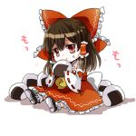  1girl black_shoes bow brown_hair chibi eating food food_on_face hair_between_eyes hair_bow hair_tubes hakurei_reimu looking_at_viewer onigiri red_bow red_eyes ribbon-trimmed_sleeves ribbon_trim rice rice_on_face shoes sidelocks sitting solo touhou white_background wide_sleeves yanazuki 