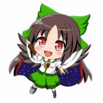  1girl :d arm_cannon bird_wings black_hair black_wings blush bow cape chibi frilled_shirt_collar frills full_body green_bow green_skirt hair_bow honda_takaharu jpeg_artifacts long_hair looking_at_viewer lowres open_mouth puffy_short_sleeves puffy_sleeves red_eyes reiuji_utsuho shirt short_sleeves skirt smile solo third_eye touhou weapon white_background wings yellow_shirt 