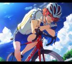  1boy bicycle bicycle_helmet eating fingerless_gloves food gloves ground_vehicle helmet mouth_hold redhead shinkai_hayato short_hair solo sportswear violet_eyes yowamushi_pedal yukihime_(mofumofu2225) 