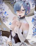  1girl artist_name bare_shoulders blue_eyes blue_hair blueberry breasts butterfly cake food fruit hair_ornament hair_over_one_eye highres holding holding_spoon maid maid_headdress plate re:zero_kara_hajimeru_isekai_seikatsu rem_(re:zero) short_hair small_breasts solo teemu_rasinkangas x_hair_ornament 