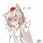  &gt;_&lt; animal_ears between_breasts blush breasts closed_eyes detached_sleeves dog_ears giving hell.k highres inubashiri_momiji letter love_letter nose_blush short_hair sideboob simple_background touhou white_background white_hair 