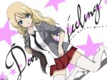  1girl 2016 blonde_hair blue_eyes breasts bukkuri character_name darjeeling dated dutch_angle girls_und_panzer kay_(girls_und_panzer)_(cosplay) kneeling large_breasts long_hair necktie red_skirt skirt sleeves_rolled_up solo thigh-highs tongue tongue_out white_legwear 