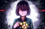  androgynous artist_name brown_hair chara_(undertale) collared_shirt english evil_smile flower flowey_(undertale) glass_shards glowing glowing_eye highres neekochanii pulling red_eyes shirt smile spoilers striped striped_sweater sweater tearing_up undertale upper_body 