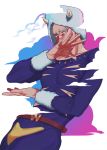  1boy aqua_eyes clouds covering_mouth hand_over_own_mouth highres horns jojo_no_kimyou_na_bouken male_focus nashi_y pose solo weather_report white_hair 