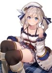  1girl bag bare_shoulders beret black_legwear blonde_hair blue_eyes blush boots breasts cleavage closed_mouth coat collarbone granblue_fantasy hair_ribbon hat knee_boots kukuru_(granblue_fantasy) long_hair long_sleeves looking_at_viewer medium_breasts off_shoulder ribbon shoulder_bag sidelocks sitting skirt smile solo thigh-highs twintails white_boots yaman_(yamanta_lov) 