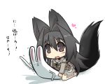 1girl :x animal_ears artist_self-insert bangs black_hair brown_eyes commentary_request dress fang fox_ears fox_tail gomasamune hair_between_eyes heart long_sleeves open_mouth original outstretched_arm parted_bangs pinned rabbit shadow sketch smile tail translation_request white_background 