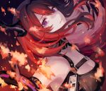  1girl arknights bangs bare_shoulders black_dress breasts commentary_request dress grin hair_intakes highres horns long_hair looking_at_viewer medium_breasts nomuraumu parted_lips partial_commentary redhead sleeveless sleeveless_dress smile solo surtr_(arknights) upper_body violet_eyes 
