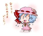  &gt;_&lt; 1girl :3 blue_hair bow brooch chibi closed_eyes commentary_request dress flying_sweatdrops full_body hair_bow handkerchief hat holding jewelry mob_cap noai_nioshi one_eye_closed pink_dress puffy_short_sleeves puffy_sleeves red_bow remilia_scarlet ribbon-trimmed_clothes ribbon_trim short_sleeves simple_background smile solo sparkle standing stitches sweat touhou translation_request white_background 