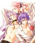  3boys abs arm_up bead_necklace beads bloom flower green_eyes half-closed_eyes heterochromia jewelry kasen_kanesada long_hair looking_at_viewer looking_to_the_side lying male_focus multiple_boys nagasone_kotetsu navel necklace off_shoulder on_back open_clothes open_shirt parted_lips pink_hair purple_hair sakaki_ruuto shirt simple_background smile souza_samonji touken_ranbu wavy_hair white_background 