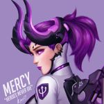  1girl alternate_costume bodysuit character_name chromatic_aberration dark_persona demon_horns ears emblem english eyelashes eyeliner facial_mark from_behind from_side hainguyen2310 highres horns imp_mercy lips lipstick looking_at_viewer looking_back looking_to_the_side makeup mechanical_wings mercy_(overwatch) nose overwatch patch ponytail portrait profile purple_background purple_hair purple_lipstick realistic side_glance signature simple_background solo violet_eyes wings 