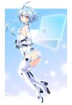  1girl ahoge artist_name blanc blue_hair gloves highres iwasi-r leotard looking_at_viewer neptune_(series) open_mouth power_symbol red_eyes short_hair_with_long_locks sidelocks solo symbol-shaped_pupils white_heart wings 