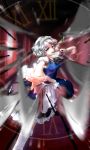  1girl aiming_at_viewer blurry depth_of_field foreshortening hallway izayoi_sakuya looking_at_viewer miturousoku pov roman_numerals short_hair solo touhou 