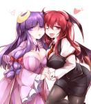  2girls between_breasts black_legwear black_skirt blue_bow blush bow breasts cleavage crescent demon_wings dress fangs fumitsuki_(minaduki_6) hair_bow head_wings heart holding_hands interlocked_fingers juliet_sleeves koakuma large_breasts long_hair long_sleeves looking_at_viewer multiple_girls necktie necktie_between_breasts one_eye_closed pantyhose patchouli_knowledge pencil_skirt puffy_sleeves purple_hair red_bow red_eyes red_necktie redhead saliva saliva_trail shiny shiny_clothes simple_background skirt striped striped_dress tongue tongue_out touhou violet_eyes white_background wide_sleeves wings yuri 