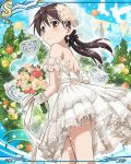  1girl ass back brown_eyes brown_hair dress earrings gertrud_barkhorn hair_ribbon jewelry looking_back official_art ribbon solo strike_witches twintails wedding_dress world_witches_series 