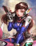  1girl 2016 absurdres bangs between_legs bodysuit boots bracer breasts breasts_apart brown_eyes brown_hair candy clouds cloudy_sky d.va_(overwatch) dated debris eyelashes facepaint facial_mark finger_on_trigger food gloves gun hand_between_legs handgun headphones highres holding holding_gun holding_weapon jay_b_lee lips lipstick lollipop long_hair long_sleeves makeup mecha medium_breasts meka_(overwatch) overwatch parted_lips pauldrons pilot_suit pink_lips pink_lipstick ribbed_bodysuit shoulder_pads signature sitting skin_tight sky solo thigh-highs thigh_boots thigh_strap turtleneck upper_body weapon whisker_markings white_gloves 