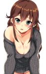  1girl bare_shoulders blush breasts brown_hair cleavage collarbone green_eyes kantai_collection kyougoku_shin large_breasts long_hair looking_at_viewer naked_sweater noshiro_(kantai_collection) open_mouth shiny shiny_skin simple_background smile solo sweatdrop sweater white_background 