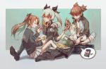  3girls aki_(girls_und_panzer) anchovy animalization black_boots black_shirt boots brown_eyes brown_hair drill_hair food girls_und_panzer green_hair hair_ribbon jacket kadotani_anzu knee_boots long_hair mikko_(girls_und_panzer) multiple_girls necktie open_clothes open_jacket pants pants_rolled_up pasta pleated_skirt red_eyes ribbon shirt short_hair short_twintails skirt spaghetti track_pants twin_drills twintails white_skirt 