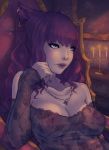  1girl animal_ears bare_shoulders breasts cat_ears cleavage earrings final_fantasy final_fantasy_xiv heterochromia jewelry lips long_hair miqo&#039;te necklace nose_ring piercing redhead see-through slit_pupils solo soranamae 