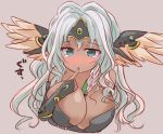  1girl bare_shoulders between_breasts blue_eyes blush breast_hold breasts bridal_gauntlets circlet cleavage collarbone dark_angel_metatron_(p&amp;d) dark_skin deep_skin feathered_wings finger_to_mouth full-face_blush head_wings large_breasts lavender_background long_hair marshmallow_mille pen puzzle_&amp;_dragons silver_hair simple_background solo tears wavy_hair wavy_mouth wings 