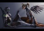  1boy 1girl armor bangs black_gloves blonde_hair blue_eyes bodysuit breasts commentary cyborg damaged faulds feathers genji_(overwatch) gloves hair_ornament hair_tie headband helmet high_ponytail katana kneeling letterboxed light_rays loincloth long_hair mask mechanical_halo mechanical_wings medium_breasts mercy_(overwatch) on_floor overwatch pelvic_curtain power_armor sae_(revirth) scabbard sheath sheathed sitting skin_tight sword veil weapon weapon_on_back wind wings 