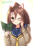  1girl ariel23795 bespectacled book brown_eyes brown_hair closed_mouth commentary_request cowboy_shot eyebrows glasses gradient gradient_background hachimaki headband holding holding_book holding_glasses kantai_collection light_smile long_hair long_sleeves looking_at_viewer neckerchief one_eye_closed school_uniform solo twitter_username upper_body zuihou_(kantai_collection) 