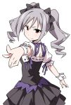  1girl anbe_masahiro back_cutout bow choker commentary_request dress drill_hair frilled_dress frills from_side hair_between_eyes hair_bow idolmaster idolmaster_cinderella_girls kanzaki_ranko outstretched_arms pointing pointing_at_viewer puffy_short_sleeves puffy_sleeves red_eyes short_sleeves sidelocks silver_hair sketch smile solo spread_arms twin_drills white_background wrist_cuffs 