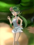  1girl :o bare_arms bare_legs bare_shoulders dark_skin flower green_eyes green_hair hair_flower hair_ornament highres looking_at_viewer mallow_(pokemon) open_mouth pokemon pokemon_(game) pokemon_sm sleeveless tagme twintails 