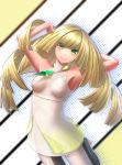  1girl absurdres armpits bare_arms blonde_hair breasts diamond dress eyes_visible_through_hair green_eyes highres long_hair looking_at_viewer lusamine_(pokemon) pokemon pokemon_(game) pokemon_sm short_dress simple_background sleeveless sleeveless_dress small_breasts smile solo solo_focus very_long_hair 